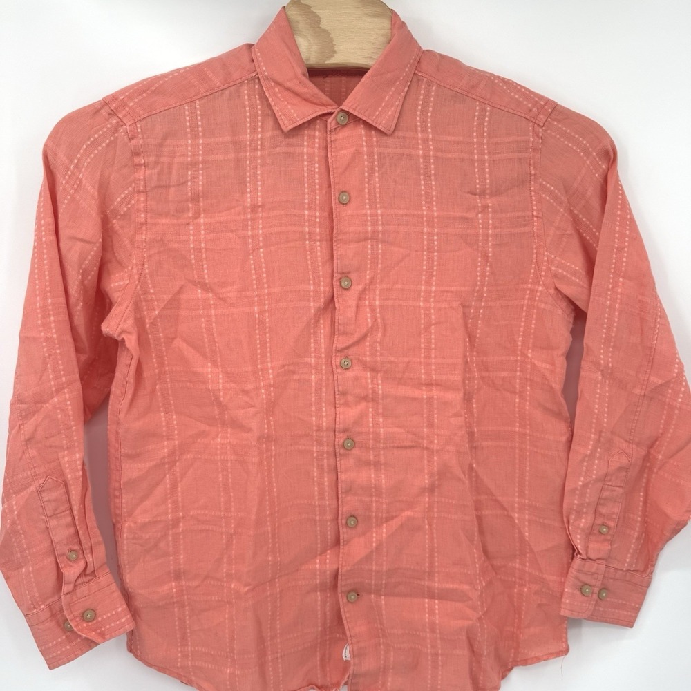 Tommy Bahama Button Front Shirt Mens M Coral Pink Linen‎ Plaid Dobby Long Sleeve